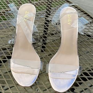 Zriey Strappy clear heel and ankle straps gently used. Wedding,Holiday 3.5” heel
